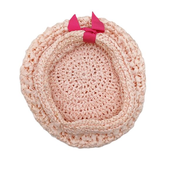 VTG Peach Knit Flapper Bonnet Hat Grosgrain Ribbon 1920s Beach Style Cap - Picture 8 of 11